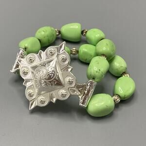 Western Green Stone Stretch Bracelet Trigg Leather Silver Hardware‎ Southwest